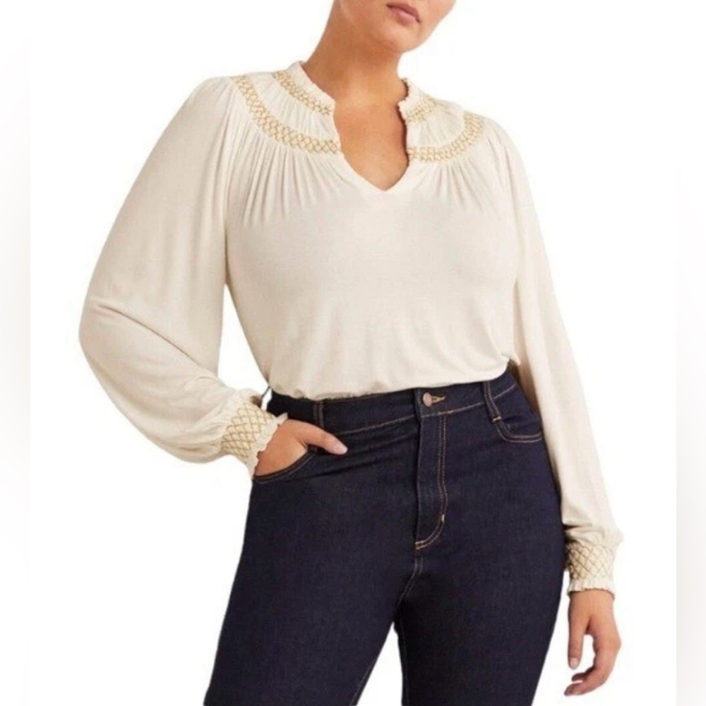 Boden Women’s Smocked‎ Yoke Top 6 Ivory Gold Metallic Blouse Peasant Long Sleeve